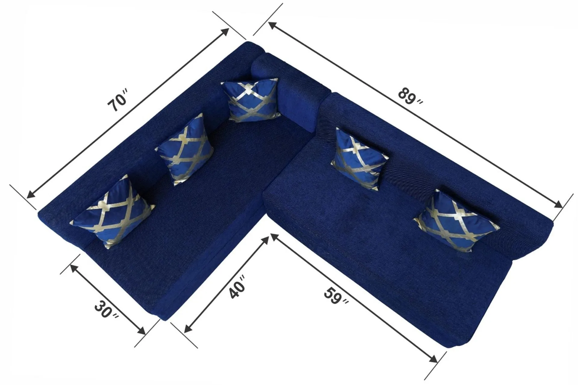 Uberlyfe L Shaped Sofa Bed, Dotted Blue | 5 Seater | 5 Golden Edge Cushion