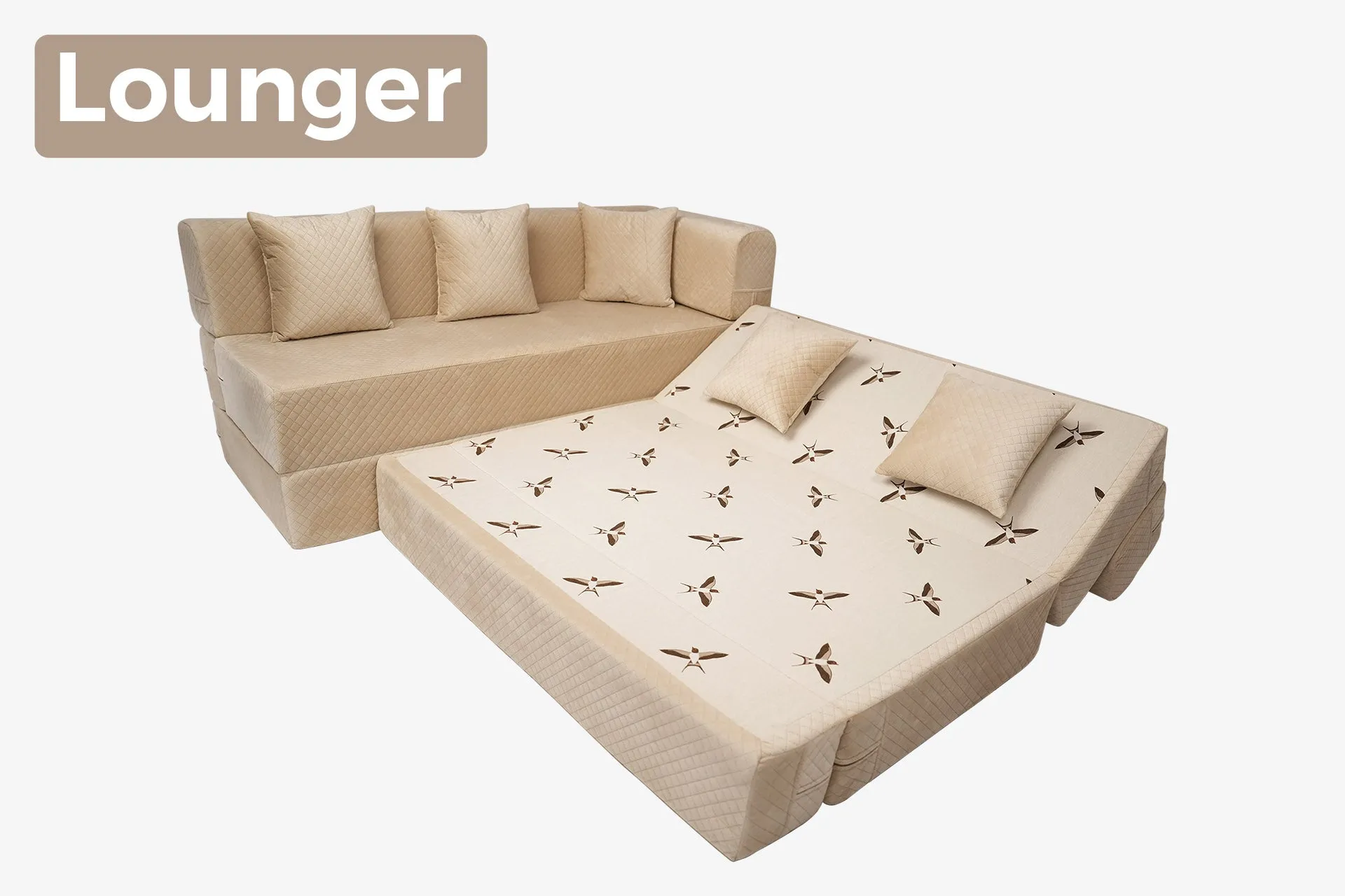 Uberlyfe L Shaped Sofa Bed, Quilted Beige | 5 Seater | 5 Quilted Beige Cushion