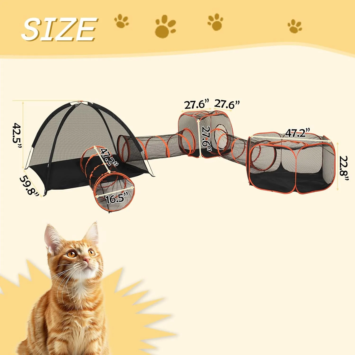 VINGLI Cat Tunnel, Portable Kitten Tent, Indoor & Outdoor Collapsible Enclosure, Large Catio, Outdoor Tunnels for Small Animals with Storage Bag (Black&Orange, 6 in 1)