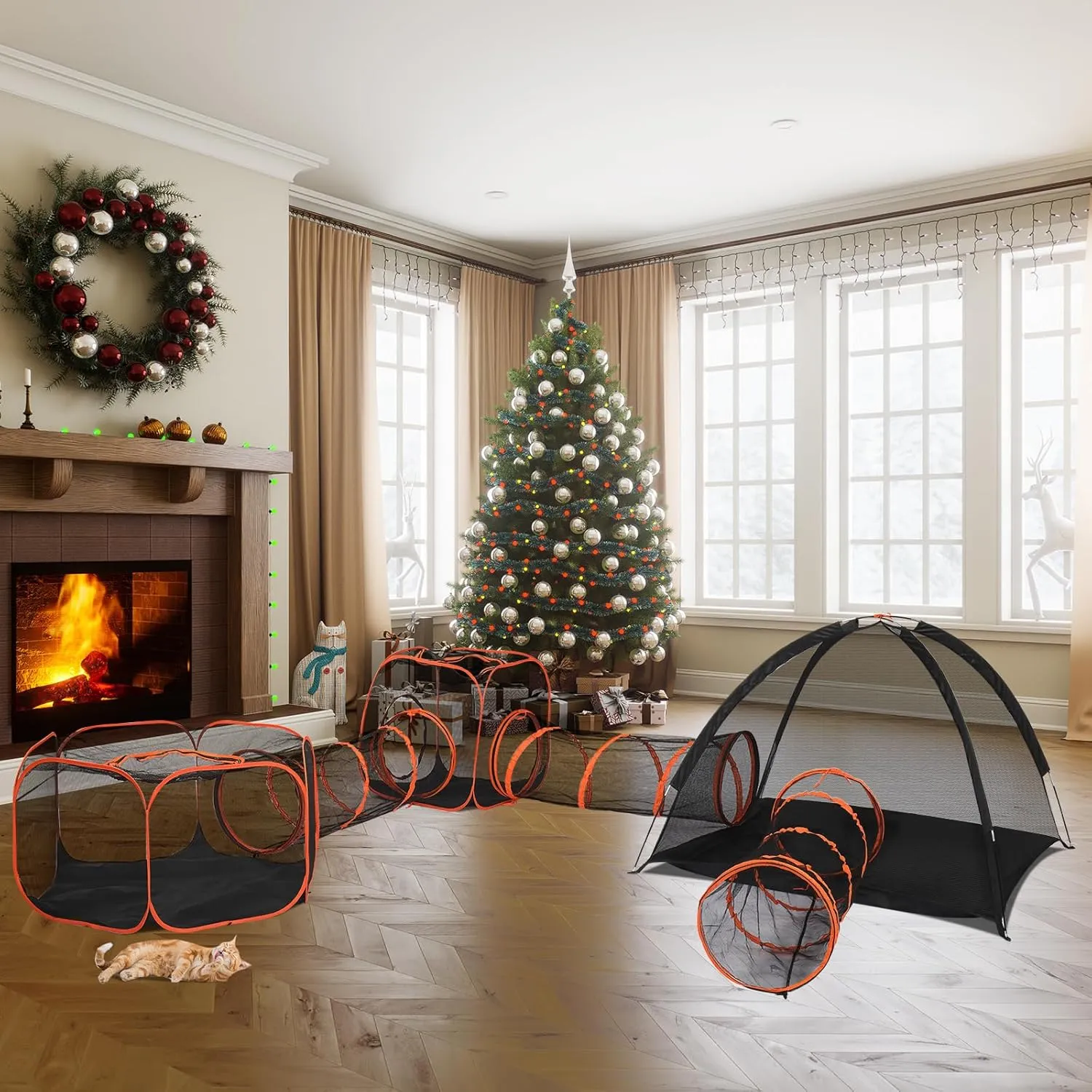 VINGLI Cat Tunnel, Portable Kitten Tent, Indoor & Outdoor Collapsible Enclosure, Large Catio, Outdoor Tunnels for Small Animals with Storage Bag (Black&Orange, 6 in 1)