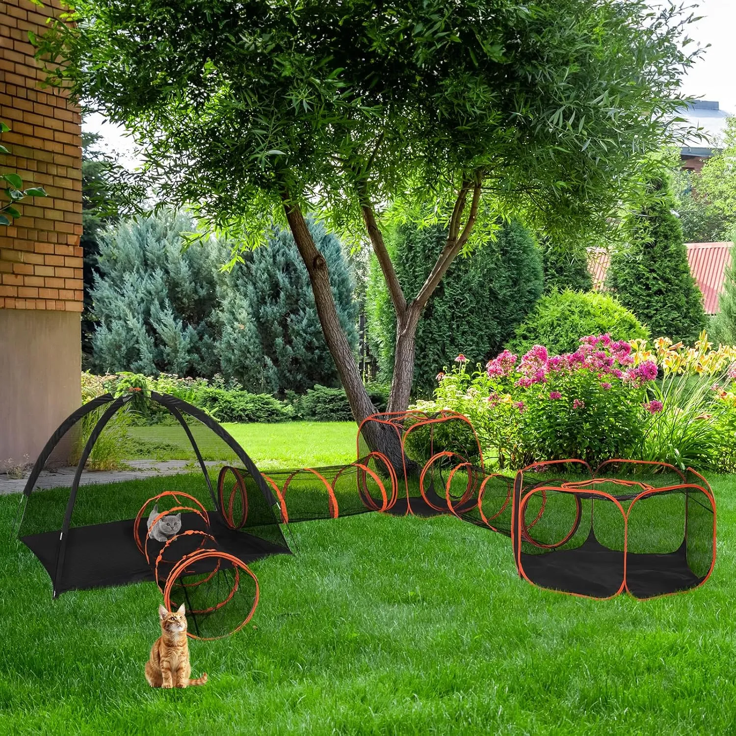 VINGLI Cat Tunnel, Portable Kitten Tent, Indoor & Outdoor Collapsible Enclosure, Large Catio, Outdoor Tunnels for Small Animals with Storage Bag (Black&Orange, 6 in 1)