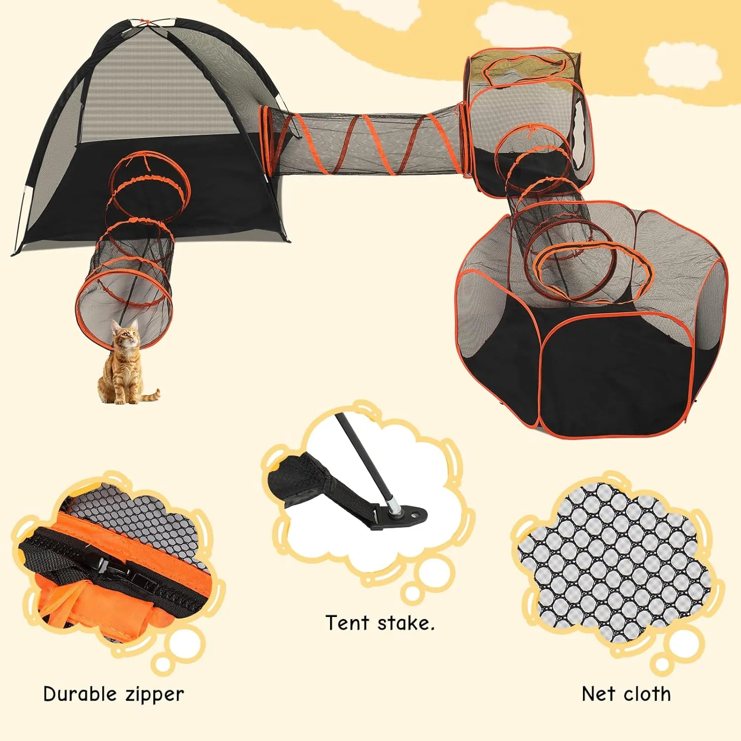 VINGLI Cat Tunnel, Portable Kitten Tent, Indoor & Outdoor Collapsible Enclosure, Large Catio, Outdoor Tunnels for Small Animals with Storage Bag (Black&Orange, 6 in 1)