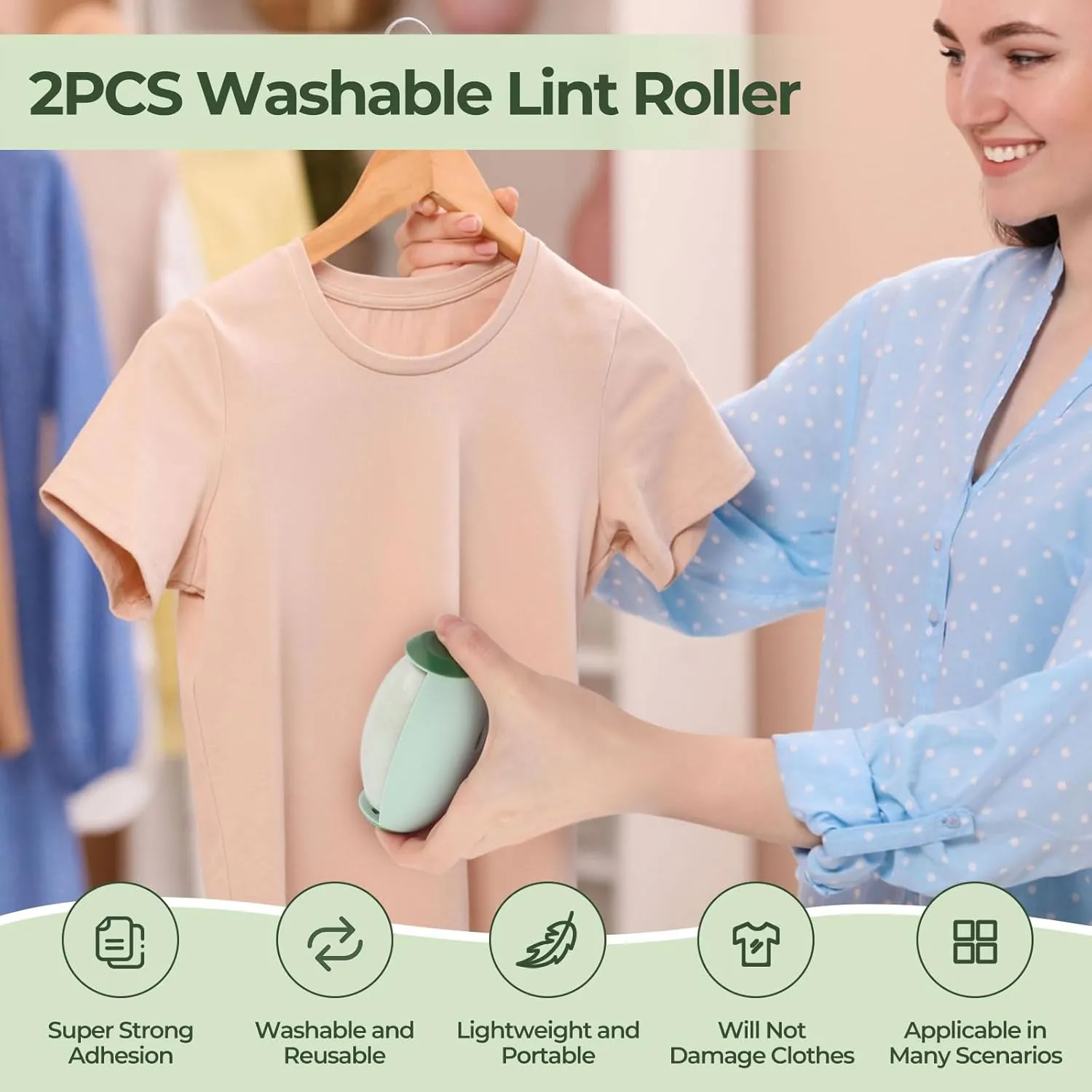 Washable Lint Roller, 2PCS Washable Reusable Gel Lint Roller, Portable Reusable Lint Rollers for Pet Hair, Mini Sticky Lint Roller for Pet Hair, Dust, Clothes (1 Light Green   1 White Gray)