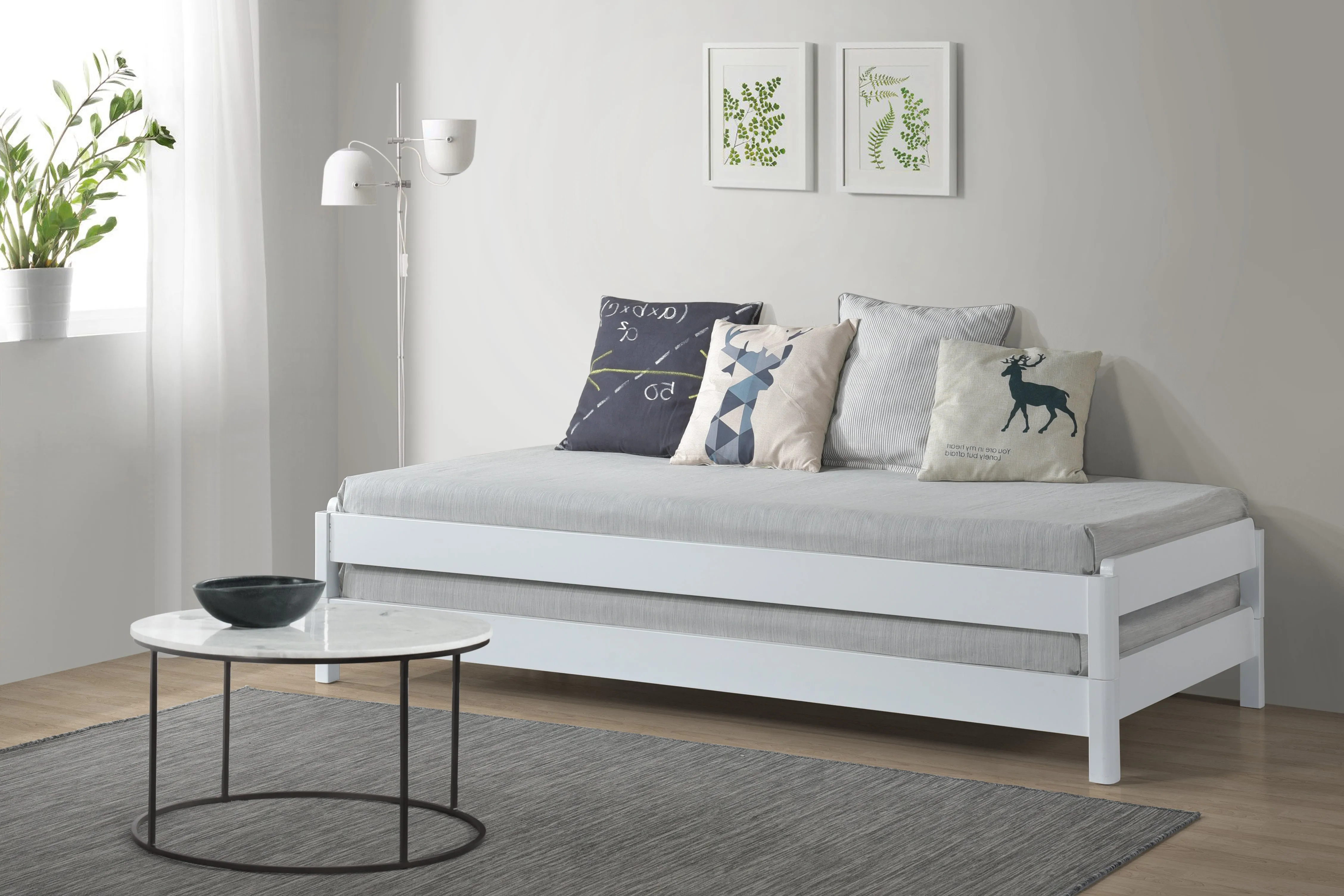 White Wooden Stacking Bed, 3in1 Guest Bed, 2 Layer Space Saving Bed Frame, Converts to 2 Single Day Beds