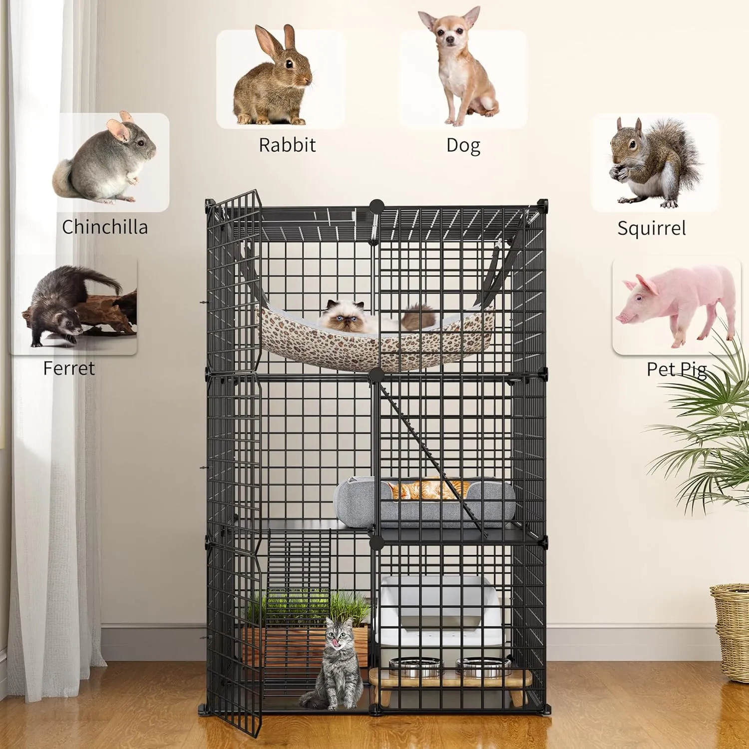 YITAHOME Metal Cat Cage Indoor: 3-Tiers DIY Kitten Enclosures Playpen Catio Kennels Pet Crate with Extra Large Hammock for Small Animals (Black)