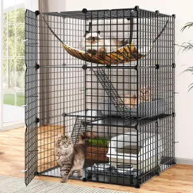 YITAHOME Metal Cat Cage Indoor: 3-Tiers DIY Kitten Enclosures Playpen Catio Kennels Pet Crate with Extra Large Hammock for Small Animals (Black)