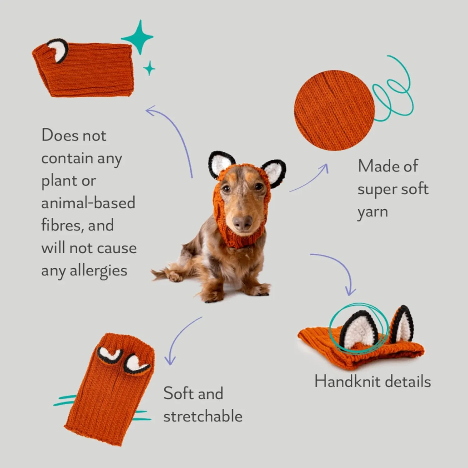 Zoo Snoods Fox Costume - Knit Dog Snood Ear Wrap for Pets, Warm Neck Cover for Halloween and Winter (Small)